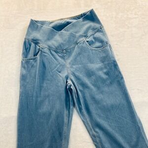 Halara Crossover High Waisted Flare Leg Denim Look Leggings Blue Small
